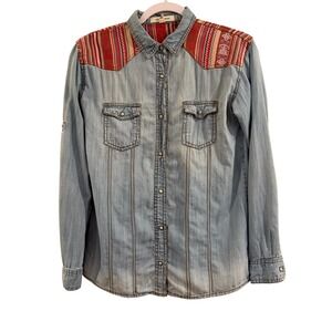 Life In Progress Western Denim Shirt Womens Small Blue Tribal Southwestern Boho